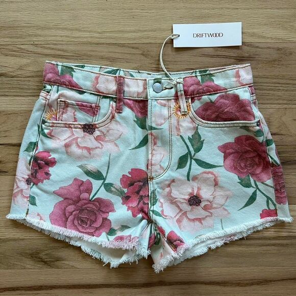 NWT Driftwood Goldie Floral Denim Shorts - Women’s Size 24 - Raw Hem - Boho